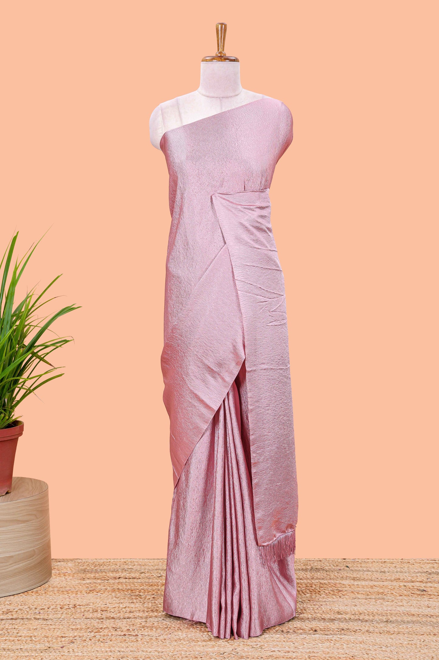 Borderless pink crush texture satin crepe saree with contrast embroidery blouse