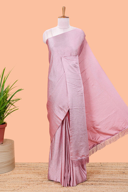Borderless pink crush texture satin crepe saree with contrast embroidery blouse