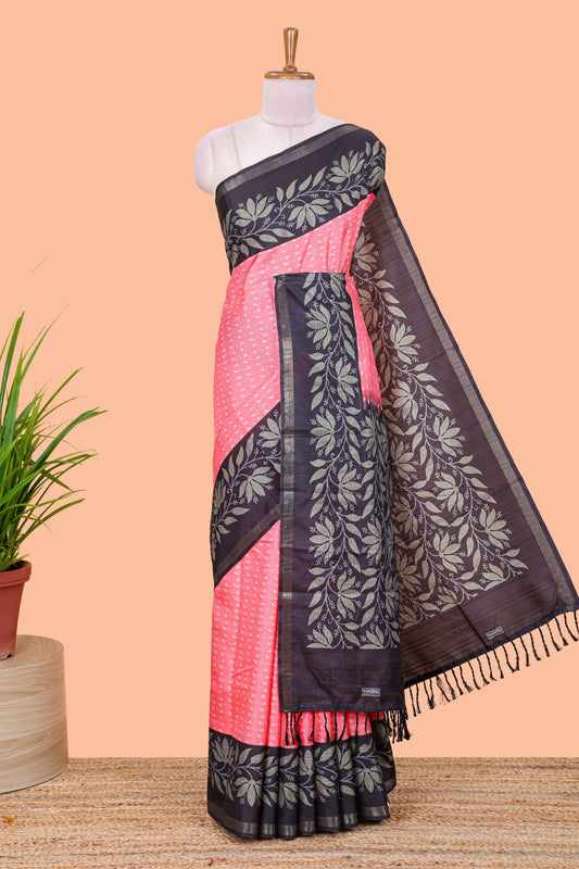 Pink geomentric design motifs art tussar saree with contrast border and blouse