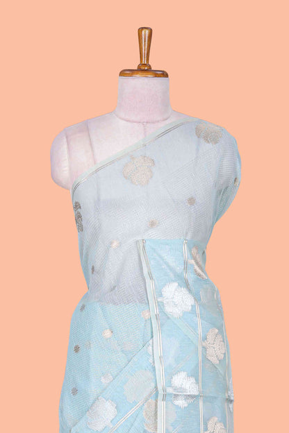 Blue floral zari butta linen tissue saree with zari border and contrast blouse