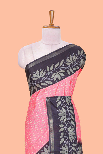 Pink geomentric design motifs art tussar saree with contrast border and blouse