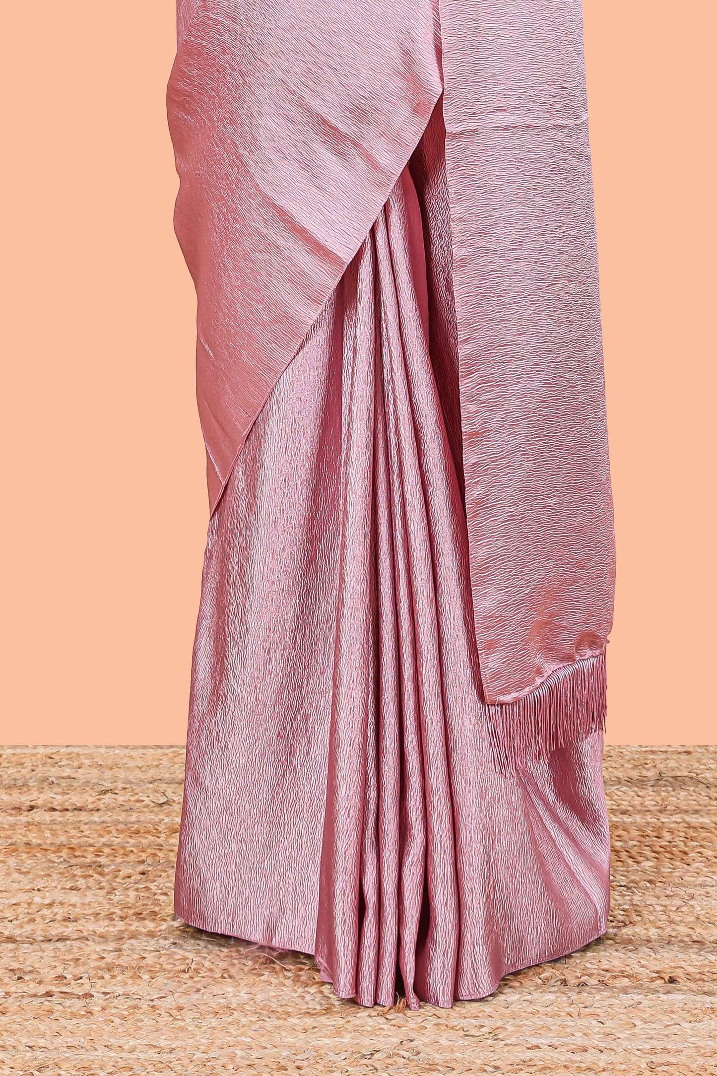 Borderless pink crush texture satin crepe saree with contrast embroidery blouse