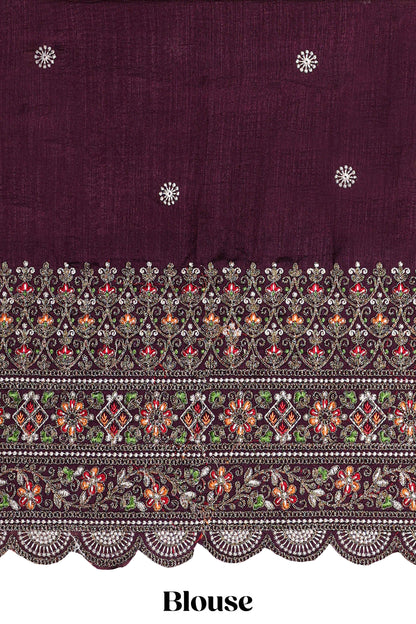 Borderless pink crush texture satin crepe saree with contrast embroidery blouse