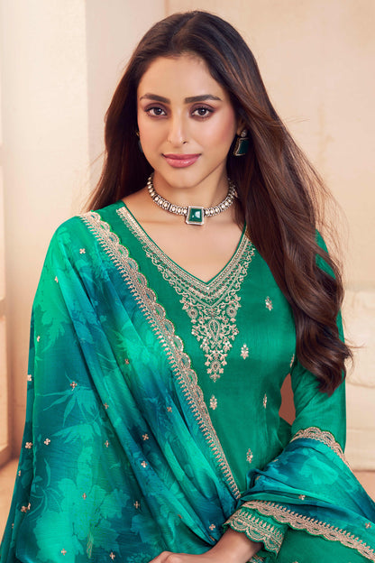 Green moga silk embroidery chudidhar material with chiffon dupatta