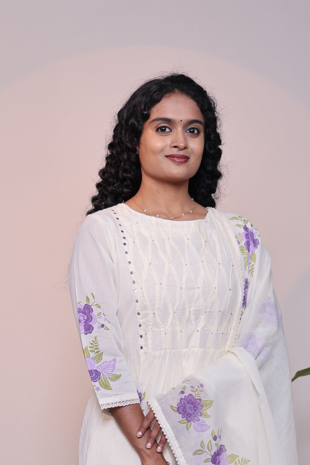 White floral design A line anarkali with self bottom and matching dubatta