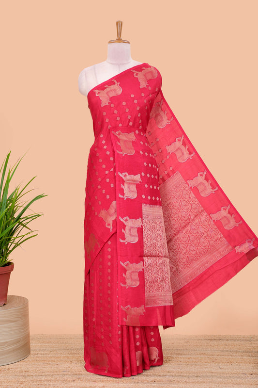 Red viscose dola silk saree with zari butta weave, pichwai motif border and contrast blouse