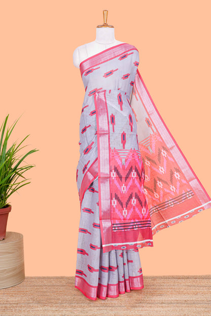 Grey Ikkat style linen cotton saree with contrast border and pallu