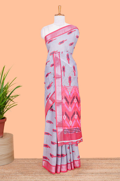 Grey Ikkat style linen cotton saree with contrast border and pallu