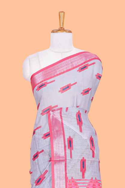 Grey Ikkat style linen cotton saree with contrast border and pallu