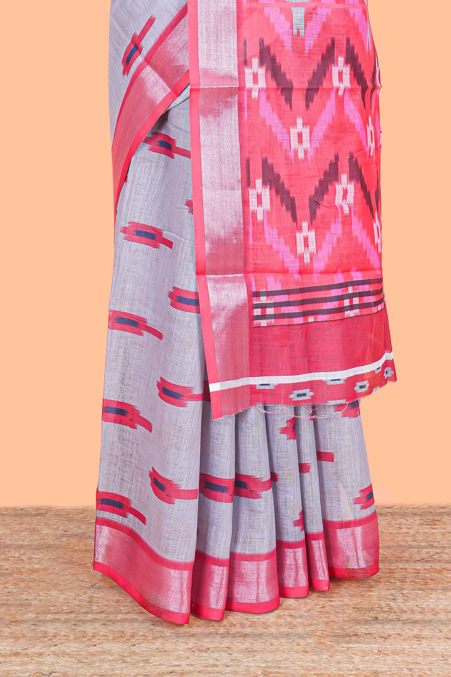 Grey Ikkat style linen cotton saree with contrast border and pallu