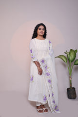White floral design A line anarkali with self bottom and matching dubatta