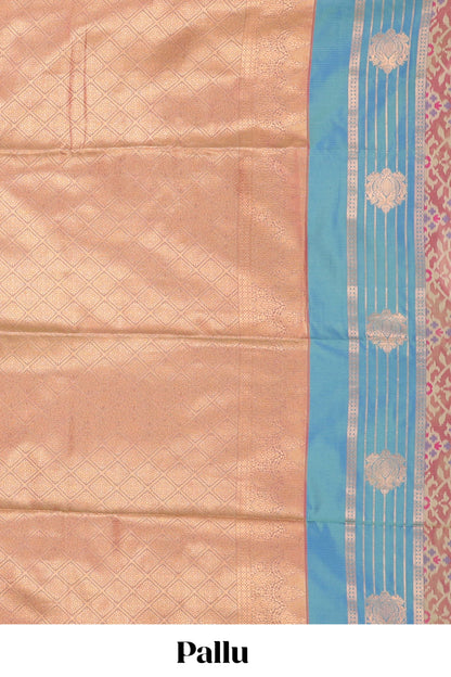 Borderless multi color semi soft silk saree with ikkat style striped zari butta, contrast zari pallu