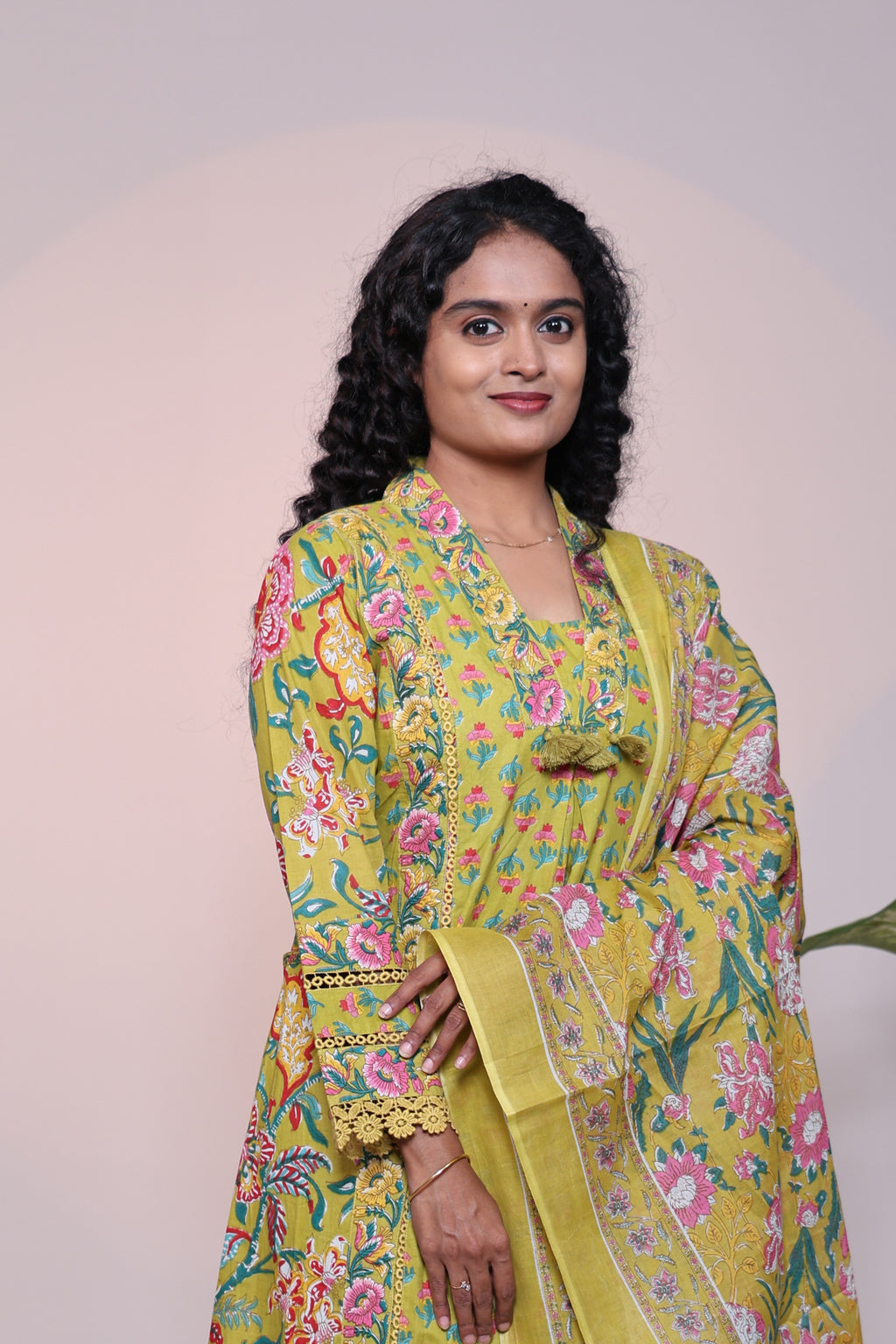 Green floral design 3/4 slevee salwar suit with matching pant and printed dupatta