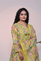 Green floral design 3/4 slevee salwar suit with matching pant and printed dupatta