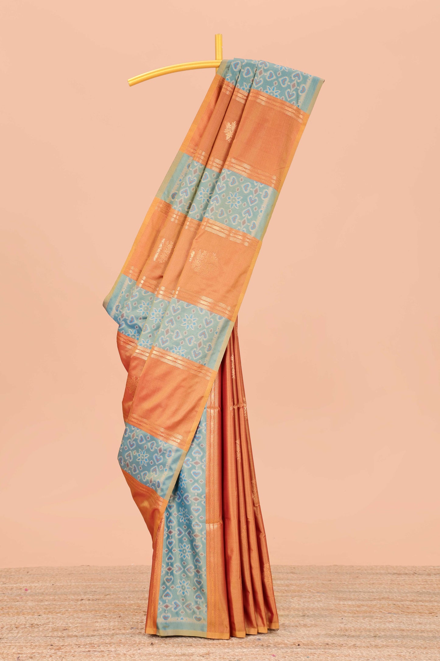 Borderless multi color semi soft silk saree with ikkat style striped zari butta, contrast zari pallu