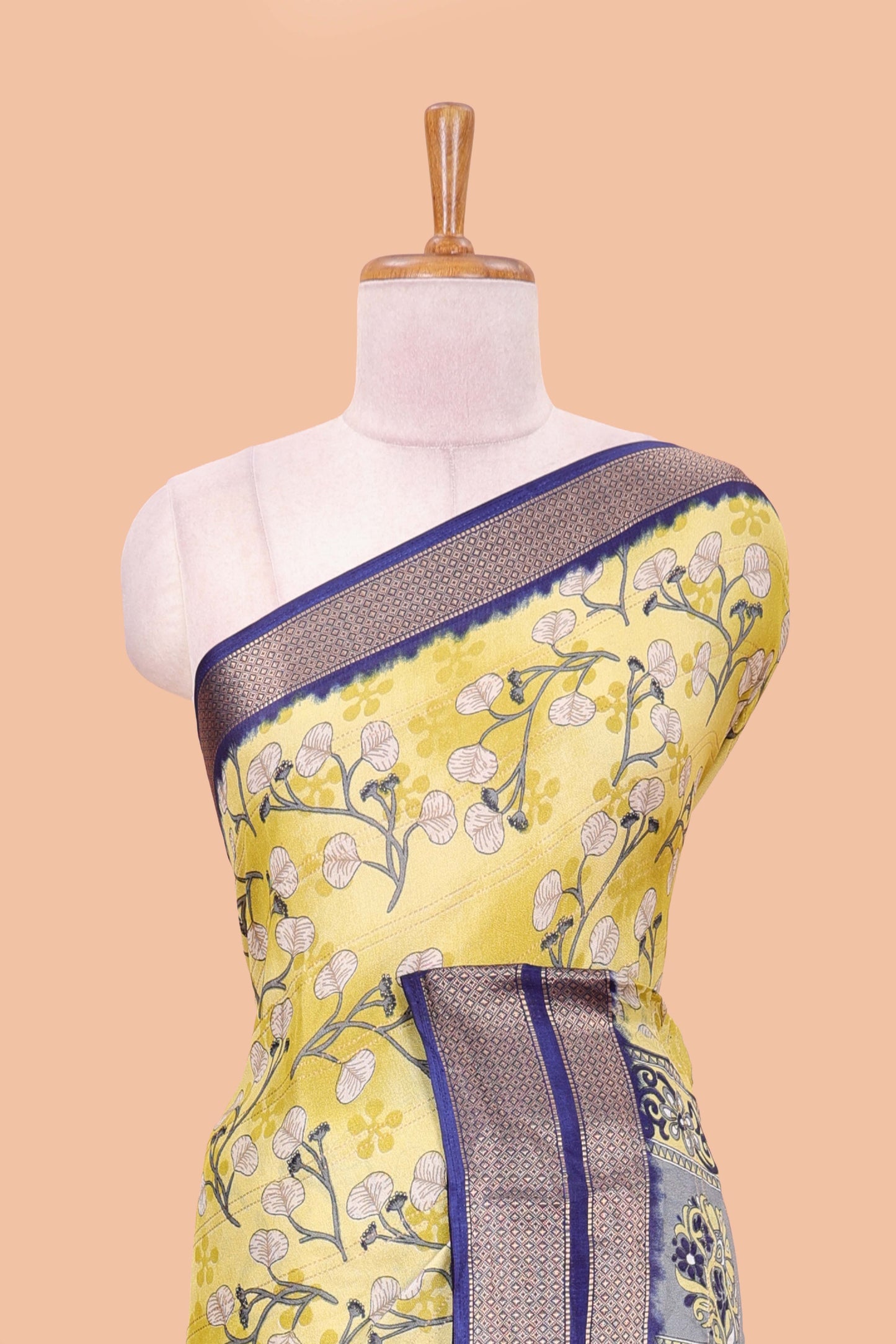 Lemon yellow moss chiffon floral printed saree with contrast jacquard border and jari line blouse