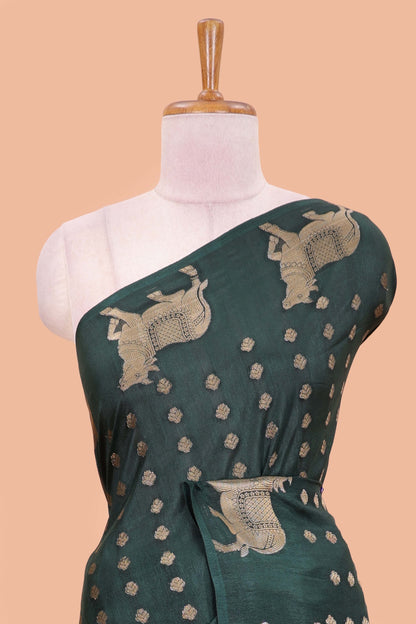 Green viscose dola silk saree with zari butta weave, pichwai motif border and contrast blouse