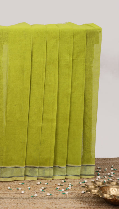 Green plain bengal cotton saree with self border and striped pallu