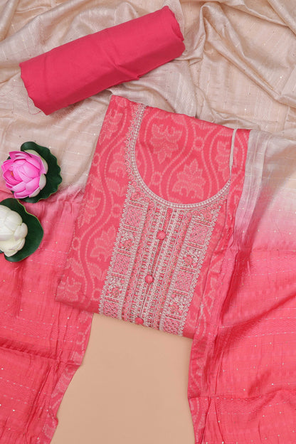 Pink cotton embroidered chudidhar material with floral design bottom and dual shade dupatta