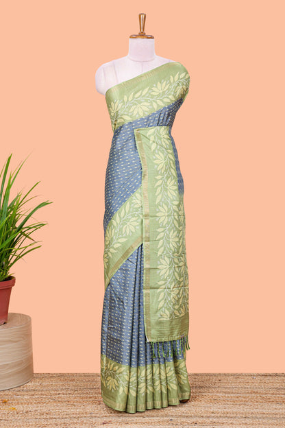 Grey geomentric design motifs art tussar saree with contrast border and blouse