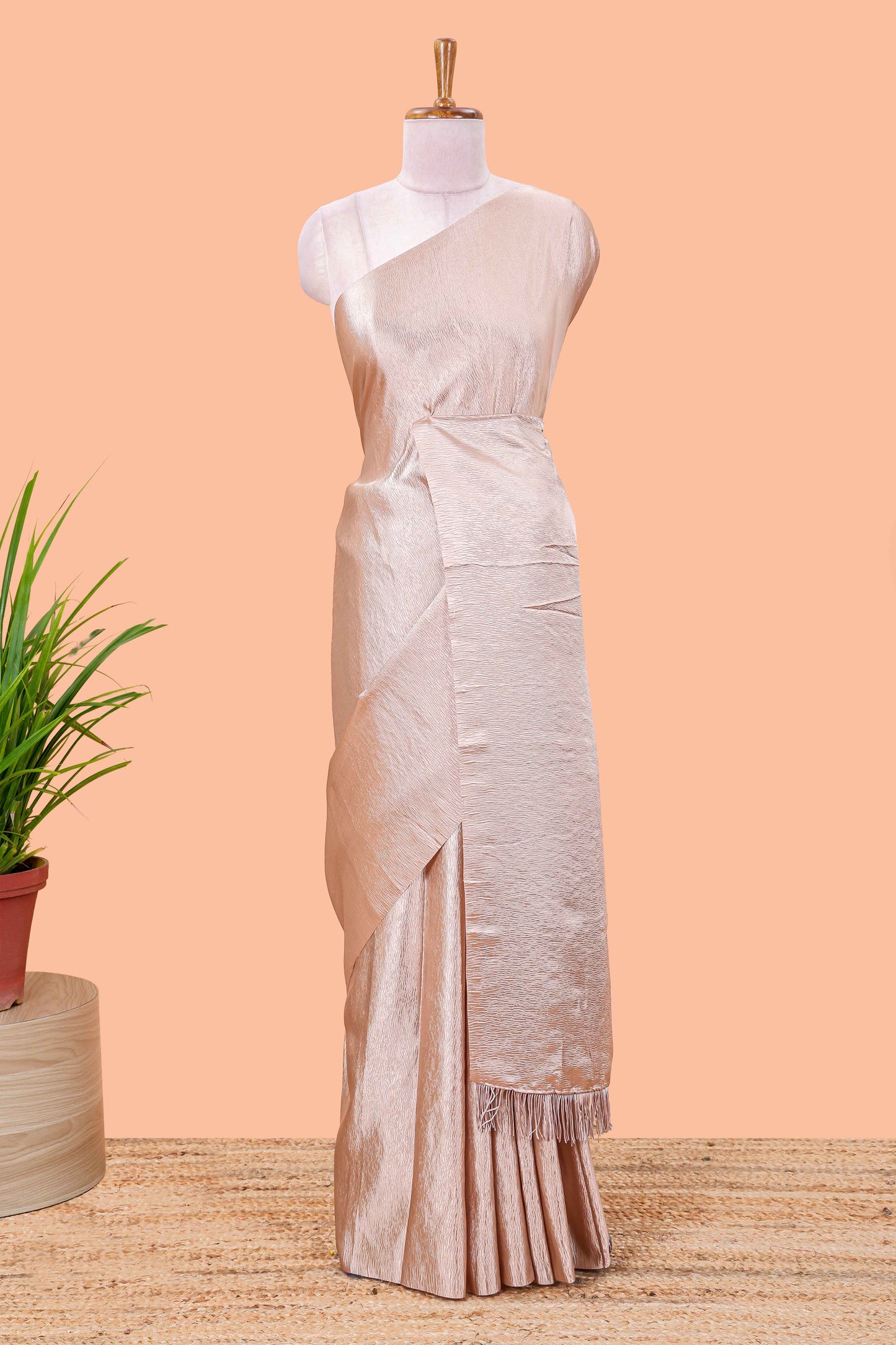 Borderless sandal crush texture satin crepe saree with contrast embroidery blouse