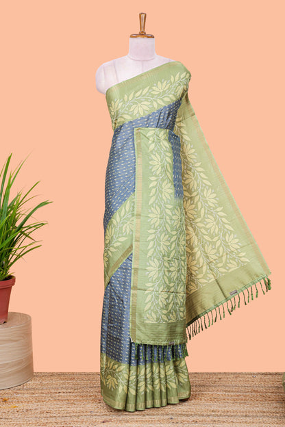 Grey geomentric design motifs art tussar saree with contrast border and blouse