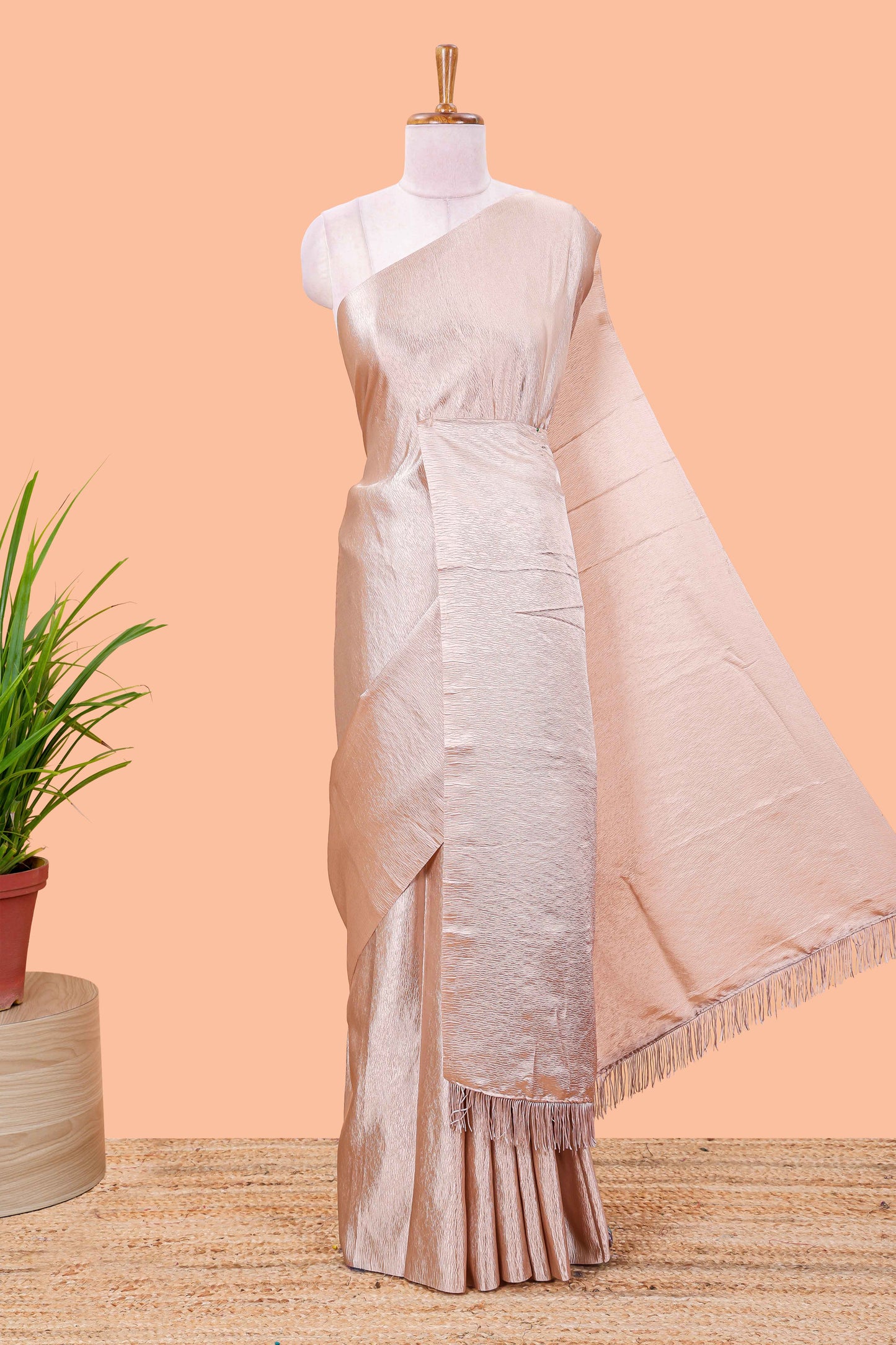 Borderless sandal crush texture satin crepe saree with contrast embroidery blouse