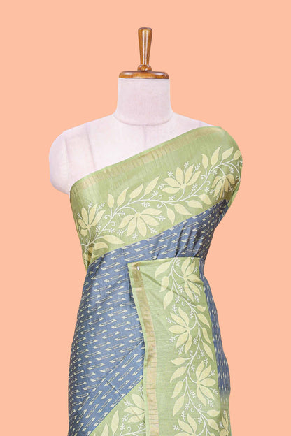 Grey geomentric design motifs art tussar saree with contrast border and blouse