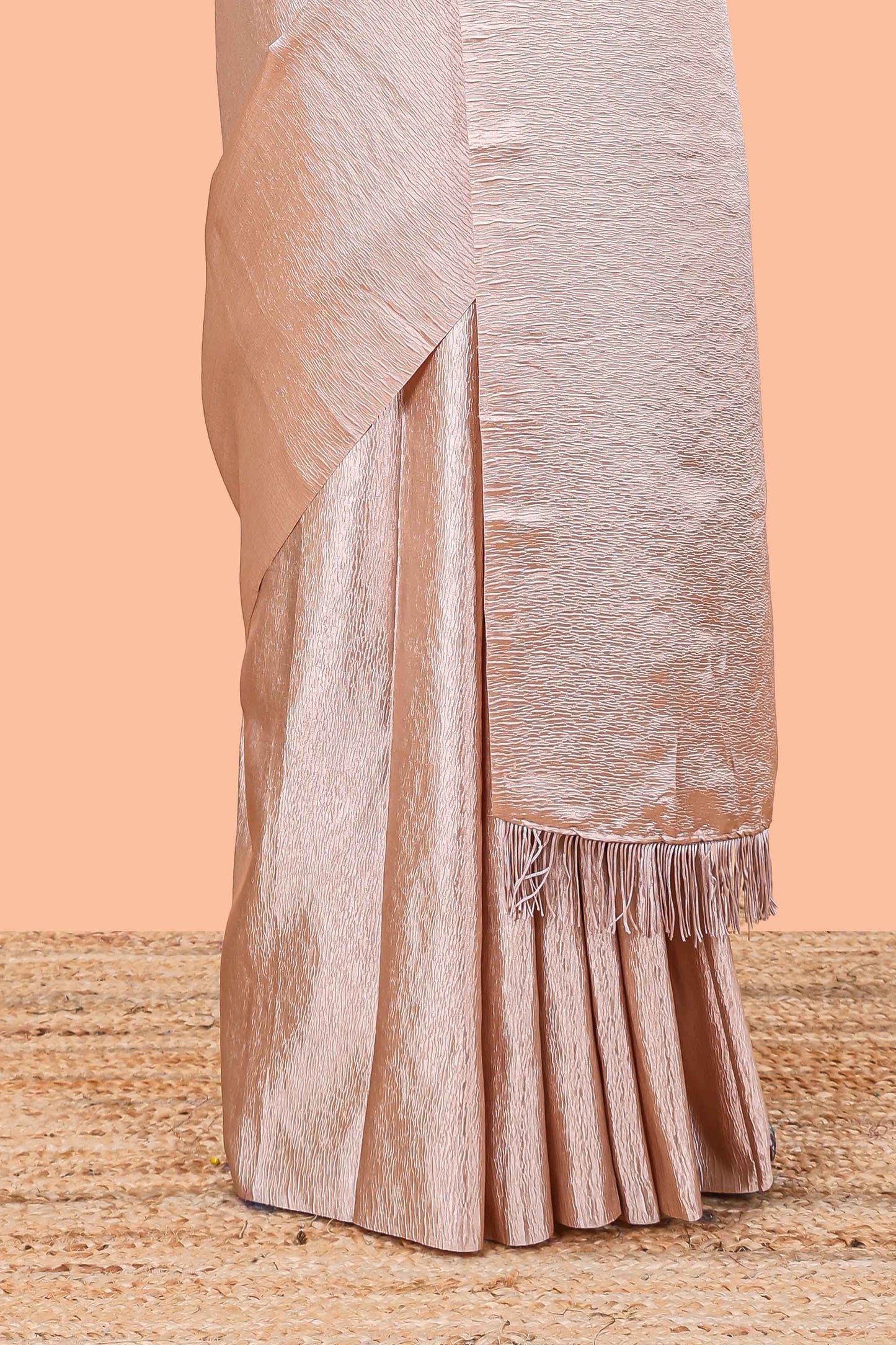 Borderless sandal crush texture satin crepe saree with contrast embroidery blouse