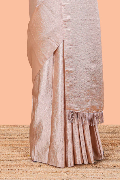 Borderless sandal crush texture satin crepe saree with contrast embroidery blouse