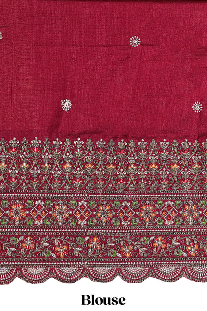 Borderless sandal crush texture satin crepe saree with contrast embroidery blouse