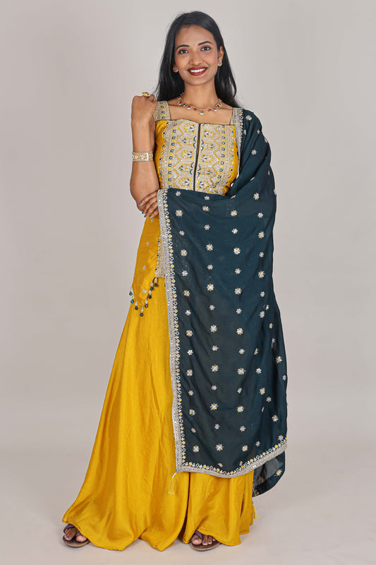 Mustard floral design chamki work embroidered sharara set with sleeveless, matching bottom and contrast dupatta