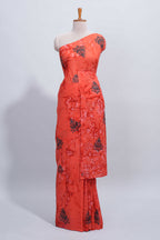 Borderless orange floral motifs design mul mul cotton saree with self pallu