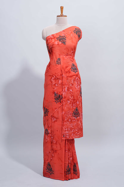 Borderless orange floral motifs design mul mul cotton saree with self pallu