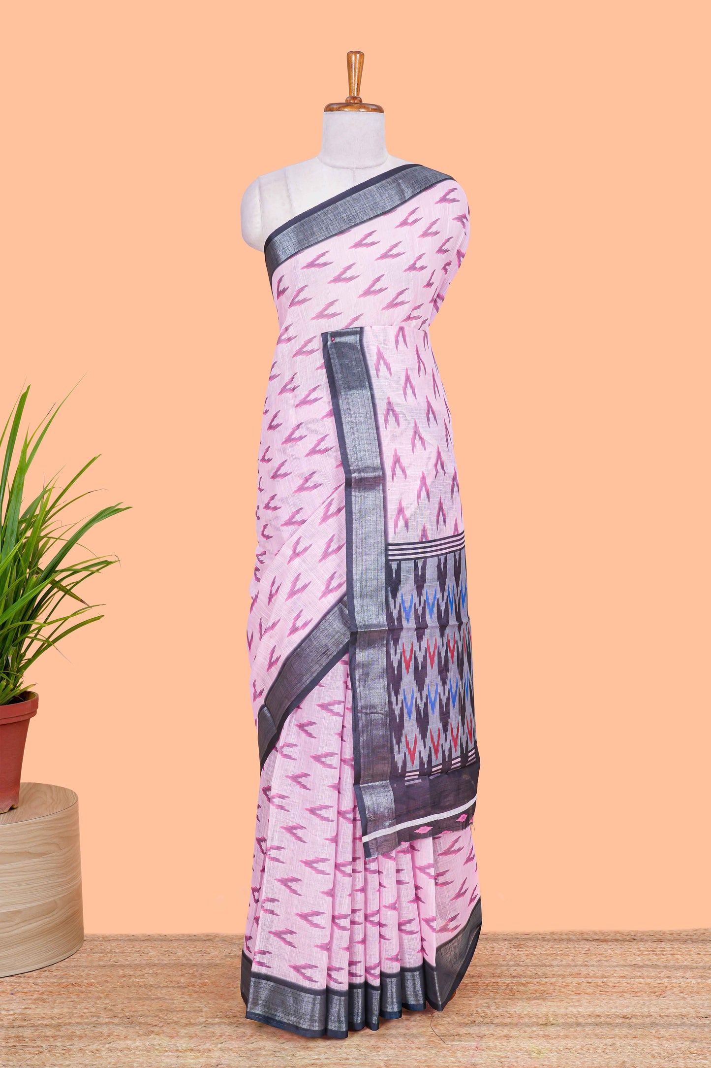 Pink Ikkat style linen cotton saree with contrast border and pallu