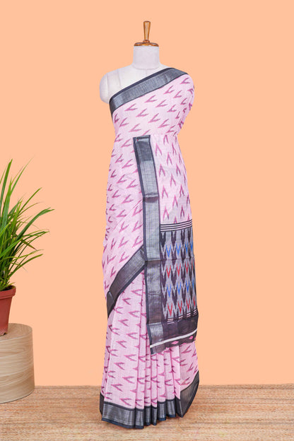 Pink Ikkat style linen cotton saree with contrast border and pallu