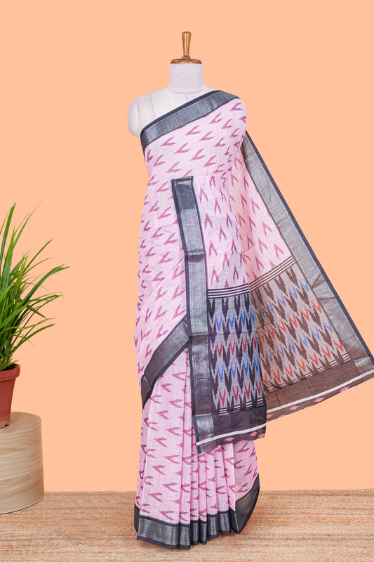 Pink Ikkat style linen cotton saree with contrast border and pallu