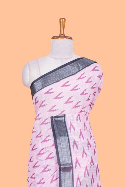 Pink Ikkat style linen cotton saree with contrast border and pallu