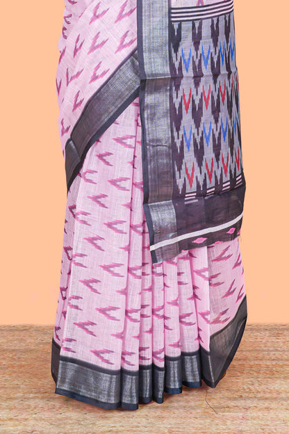 Pink Ikkat style linen cotton saree with contrast border and pallu