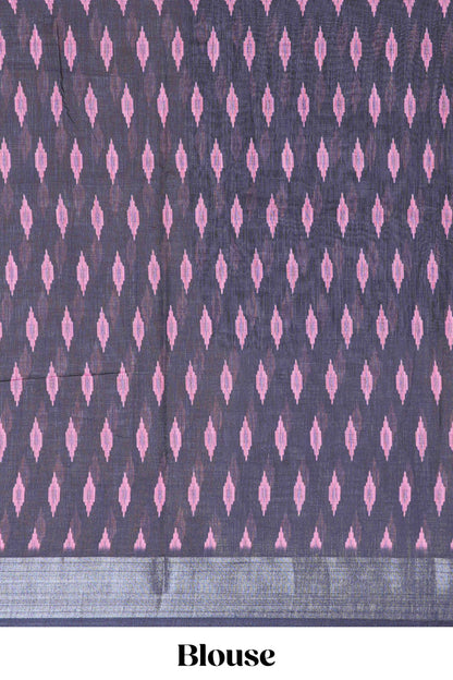 Pink Ikkat style linen cotton saree with contrast border and pallu