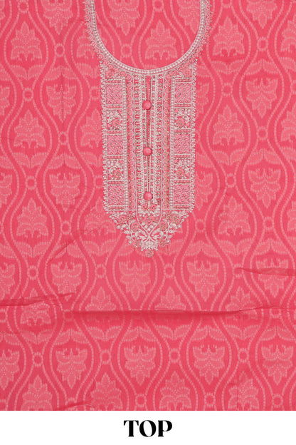 Pink cotton embroidered chudidhar material with floral design bottom and dual shade dupatta