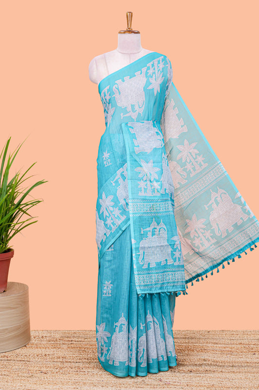 Turquoise green linen cotton palm tree and elephant print saree with self border and matching printed blouse