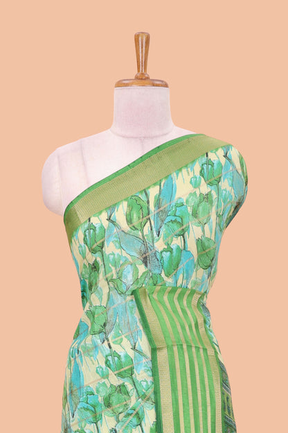 Green moss chiffon saree with striped floral print, contrast zari border and pallu