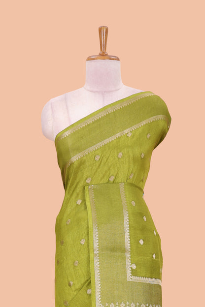 Green dola silk saree with all over zari butta, bendex zari border, rich zari pallu and contrast blouse