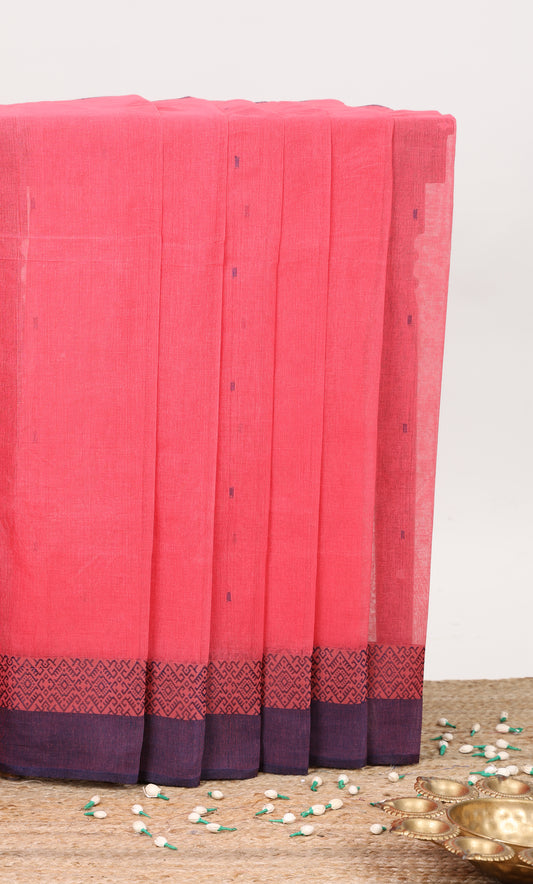 Pink buttas and bottom geometric design bengal cotton saree with contrast border and striped pallu