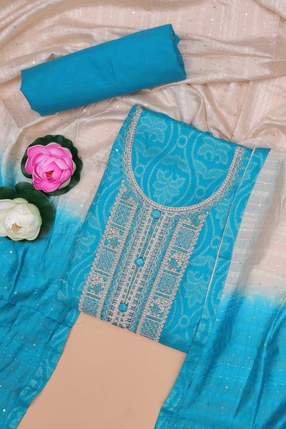 Blue cotton embroidered chudidhar material with floral design bottom and dual shade dupatta