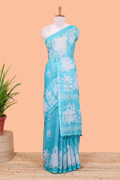 Turquoise green linen cotton palm tree and elephant print saree with self border and matching printed blouse