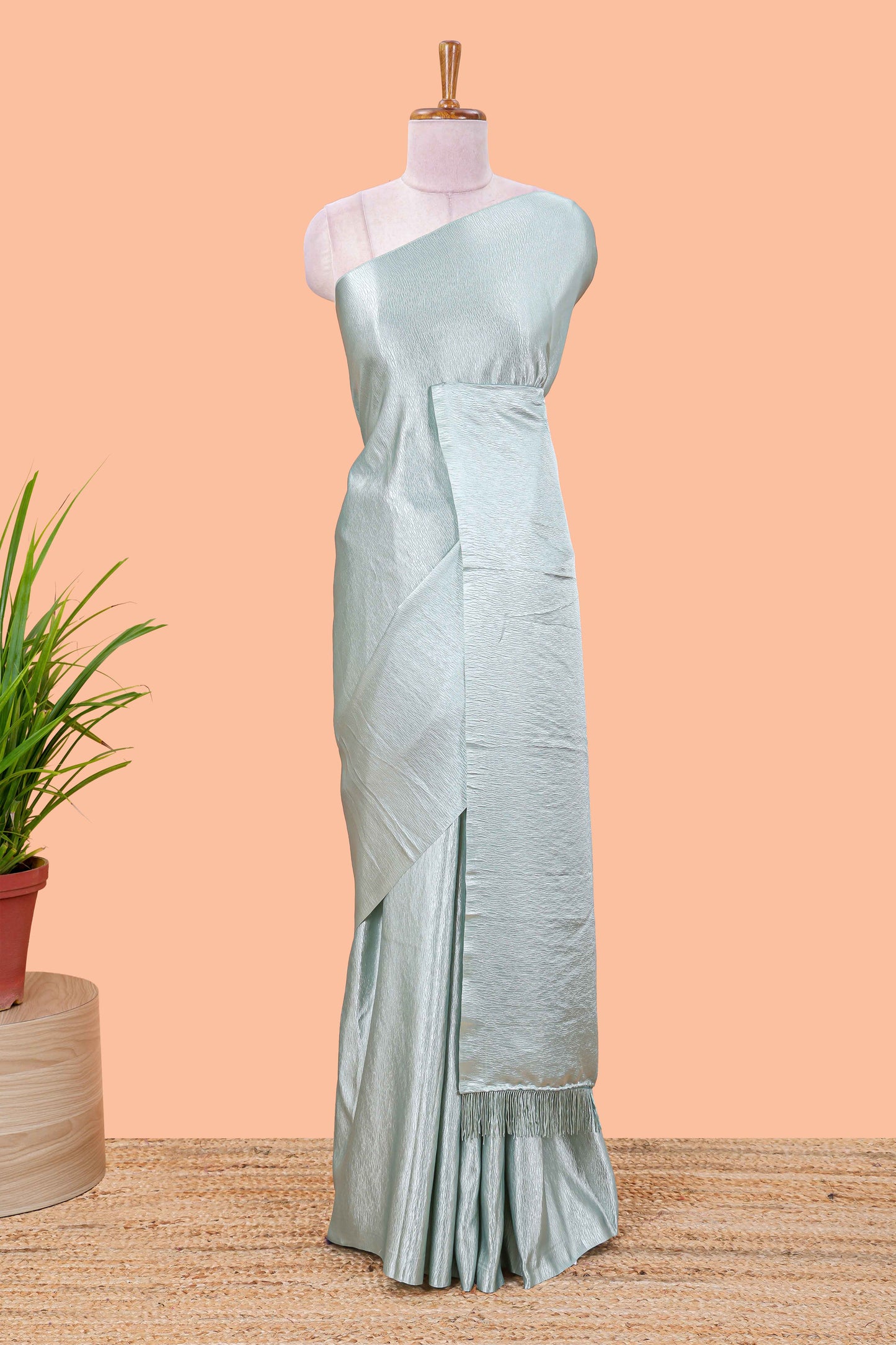 Borderless blue crush texture satin crepe saree with contrast embroidery blouse