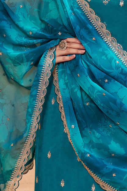 Blue moga silk embroidery chudidhar material with chiffon dupatta