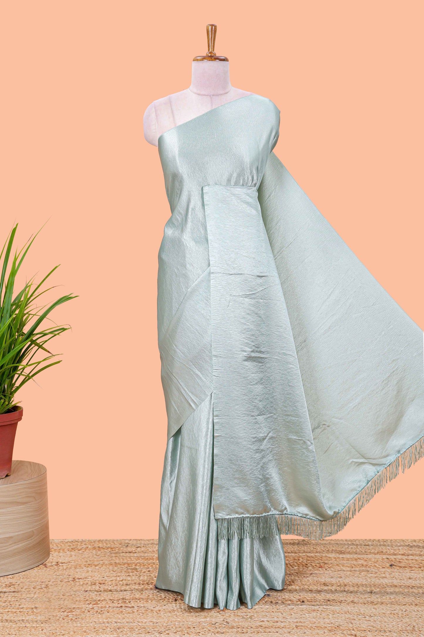 Borderless blue crush texture satin crepe saree with contrast embroidery blouse